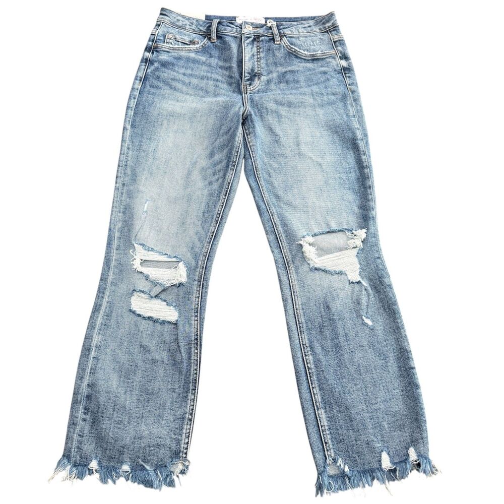Forever 21 Women's Straight Leg Jeans with Frayed Hem - Medium Blue - Picture 2 of 10